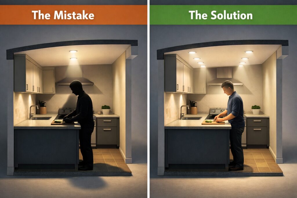 Split screen 3D cross section of a galley kitchen showing why central ceiling lights cause shadows over the worktop, compared with two rows of task lights positioned above the counters that illuminate hands and workspace without shadows.