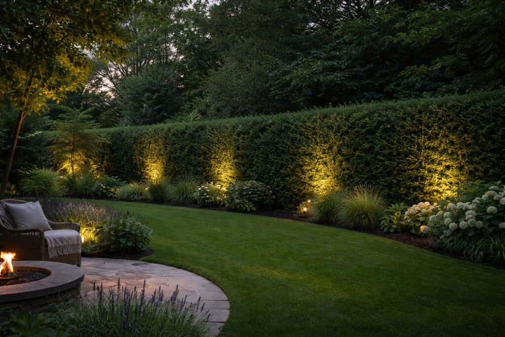 Soft garden lighting washing a dense hedge at dusk, creating depth and privacy along the boundary without overpowering the space.