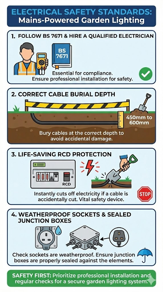 Infographic illustrating key electrical safety standards for UK garden lighting installation. It highlights hiring a qualified electrician to follow BS 7671 standards, burying cables at a depth of 450mm–600mm for safety, and using an RCD (Residual Current Device) to prevent accidents if a cable is cut. It also emphasizes checking that all outdoor sockets and junction boxes are fully weatherproof and sealed.