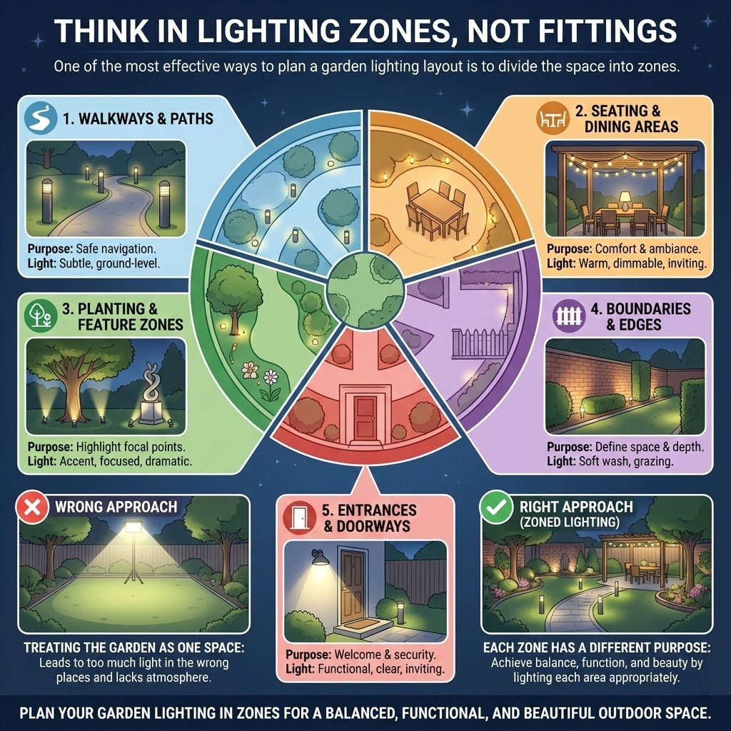 Square infographic advising to plan garden lighting by zones (walkways, seating, planting, boundaries, entrances) rather than just choosing fittings, ensuring each area is lit according to its specific purpose