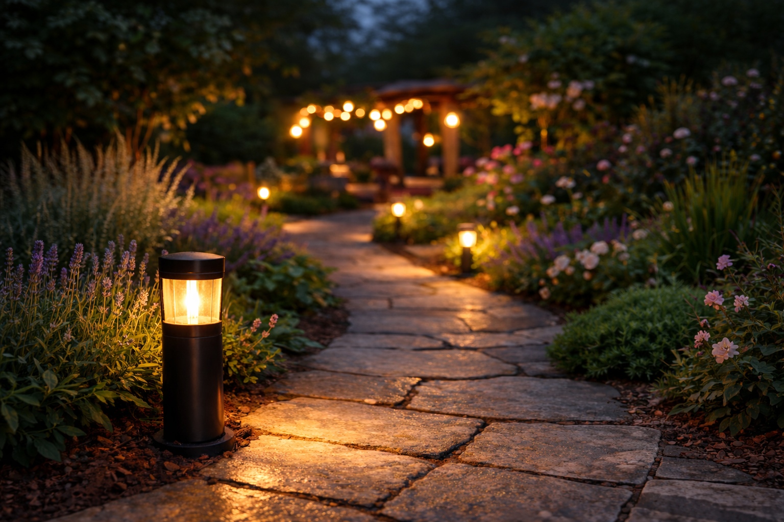 Garden pathway lighting ideas showing soft low level bollard lights guiding a stone walkway through planting at dusk with a warm ambient glow
