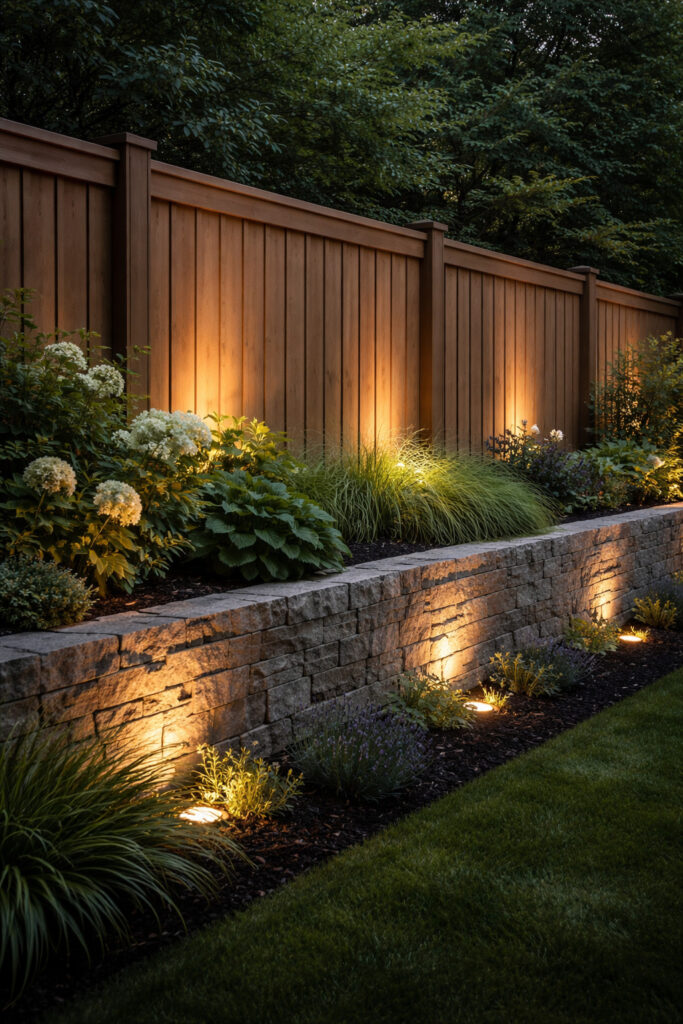 Close up of a garden wall and wooden fence at dusk, with soft ground lights aimed at the vertical surfaces so the light reflects gently back into the garden rather than shining outward.