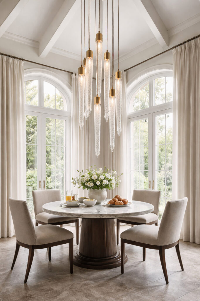 High ceiling breakfast area with a round table beneath a chandelier of seven slender fluted glass tubes hanging at different lengths, creating an icicle effect.