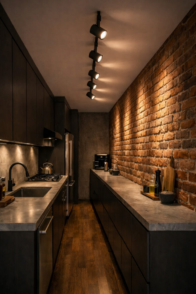 Narrow industrial galley kitchen with exposed red brick wall, matte black track lighting grazing the brick for texture, dark cabinetry and concrete worktops, warm ambient lighting and counter on the right side.