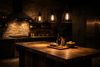 Industrial Kitchen Lighting with three matte black cage pendant lights over a reclaimed wood island in a moody raw industrial kitchen with exposed brick and warm Edison bulbs