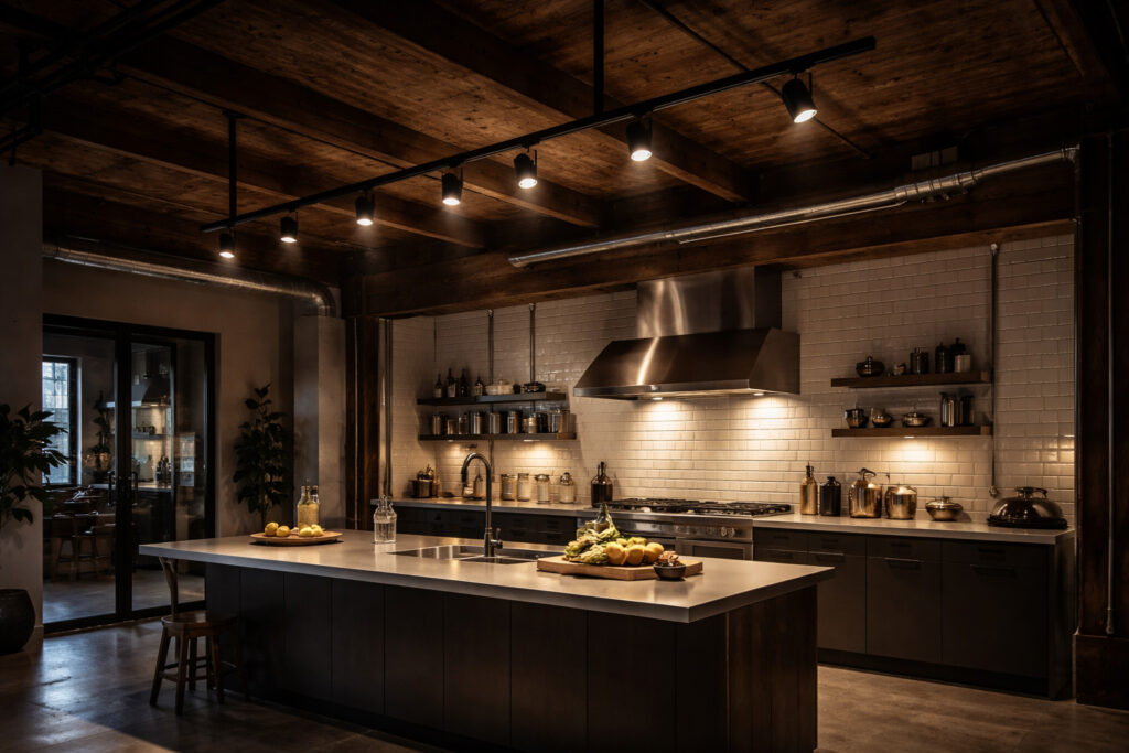 Wide shot of an open plan industrial kitchen with exposed wooden beams, matte black track lighting above a stainless steel island, warm white spotlights illuminating the prep area, subway tile walls, and visible metal conduit in a moody loft style setting.