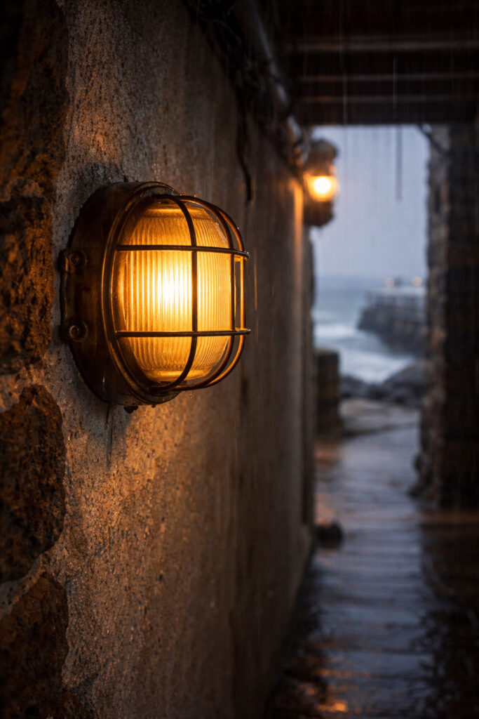 Industrial round bulkhead wall light with protective cage glowing warmly in a coastal side passage during wind and rain
