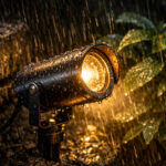 Landscape close-up of a weatherproof garden spotlight glowing warmly in heavy rain, showing water droplets on the metal casing and lens to demonstrate IP ratings for outdoor lighting in harsh British weather