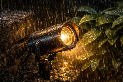 Landscape close-up of a weatherproof garden spotlight glowing warmly in heavy rain, showing water droplets on the metal casing and lens to demonstrate IP ratings for outdoor lighting in harsh British weather