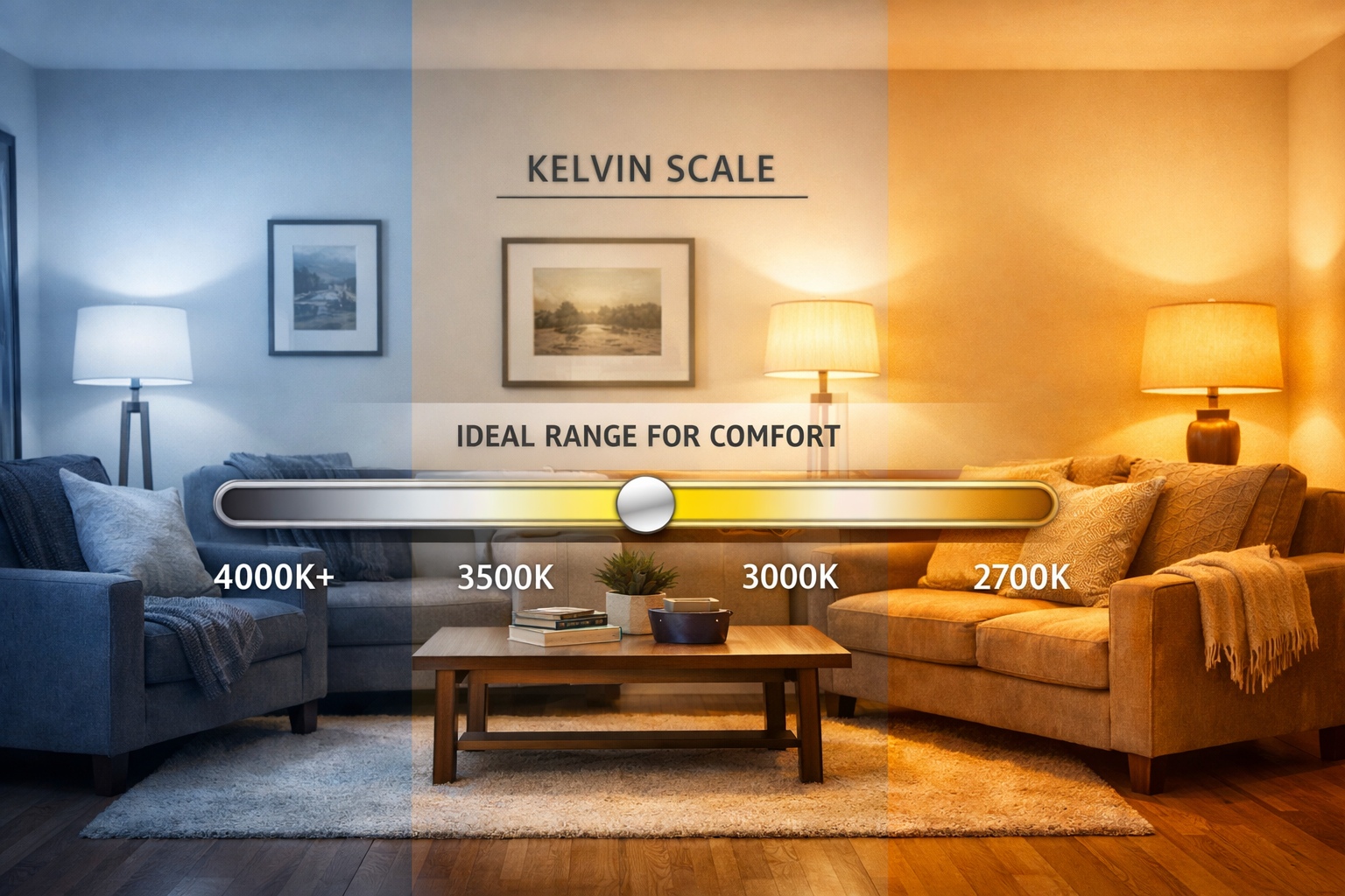 Kelvin scale slider in a living room showing lighting transition from cool blue white 4000K to warm golden white 2700K, highlighting the ideal comfort range around 2700K to 3000K.