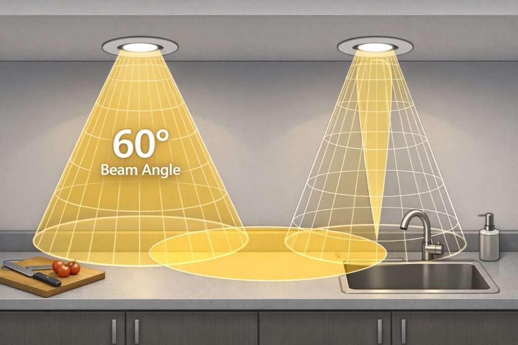 3D schematic illustration of recessed kitchen downlights showing a 60° beam angle with wireframe light cones overlapping on the countertop to demonstrate even light coverage without dark spots