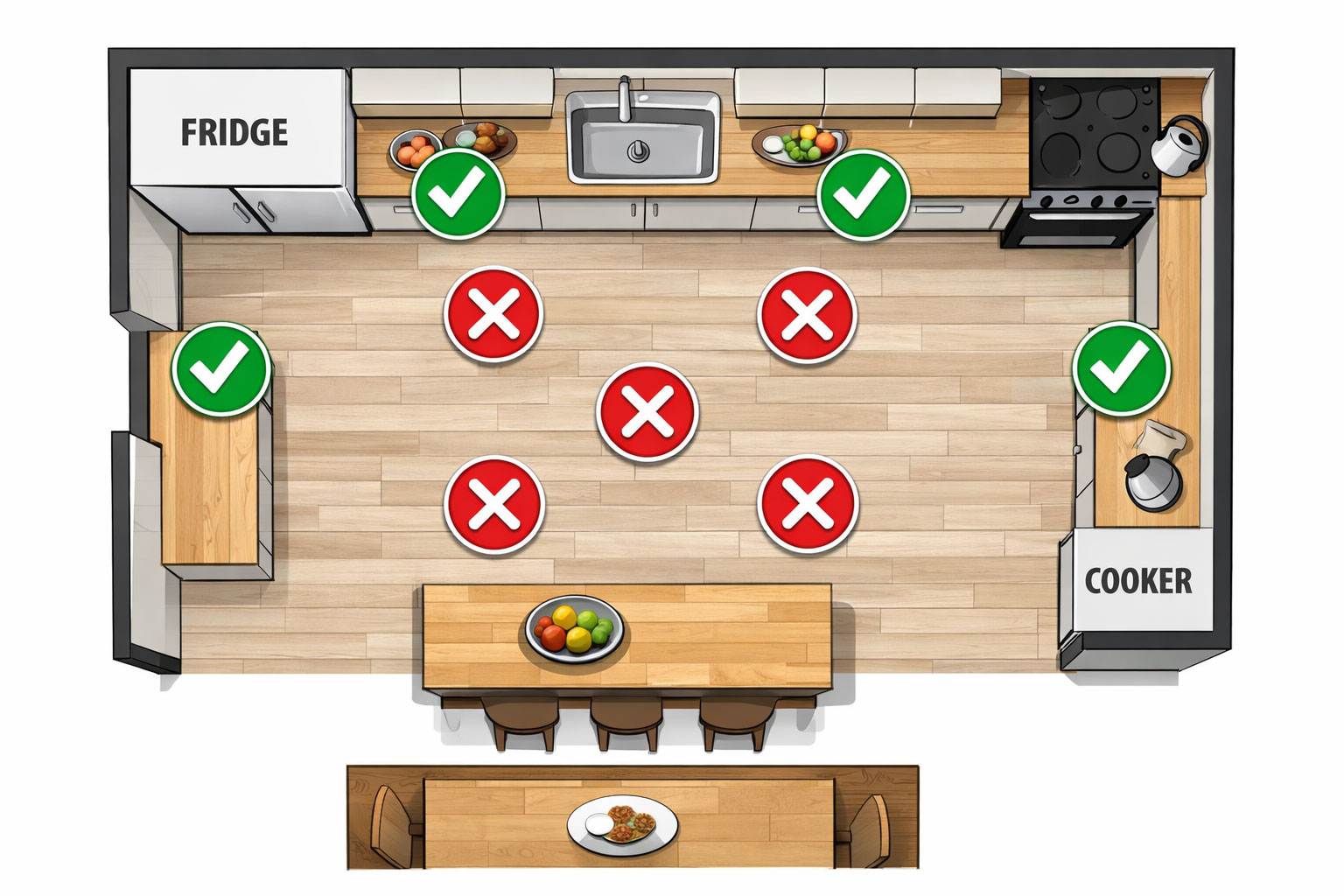 Top-down kitchen floor plan showing kitchen lighting mistakes with red X marks in the centre and correct downlight positions over worktops marked with green ticks.