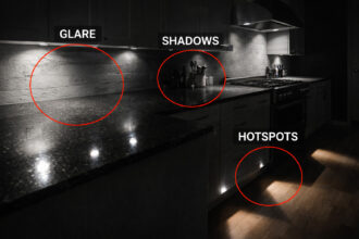 kitchen lighting glare shadows hotspots highlighted in a modern kitchen interior showing glossy worktop glare, dark cabinet shadows, and intense floor light hotspots marked with red circles and labels