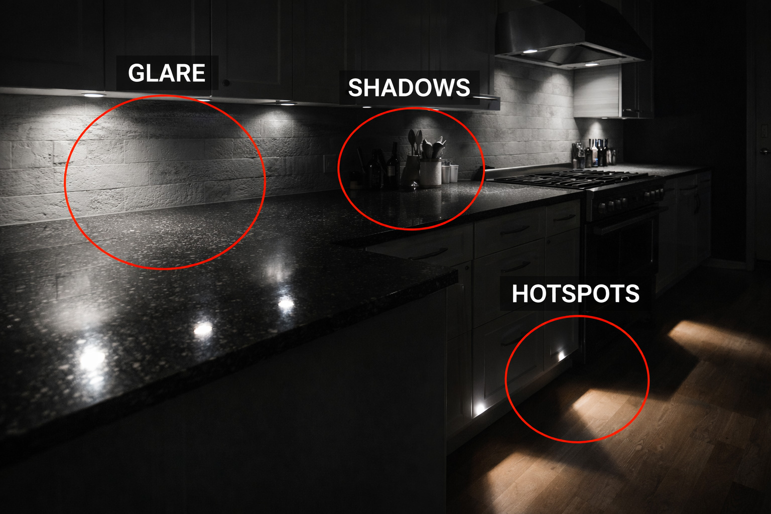 kitchen lighting glare shadows hotspots highlighted in a modern kitchen interior showing glossy worktop glare, dark cabinet shadows, and intense floor light hotspots marked with red circles and labels