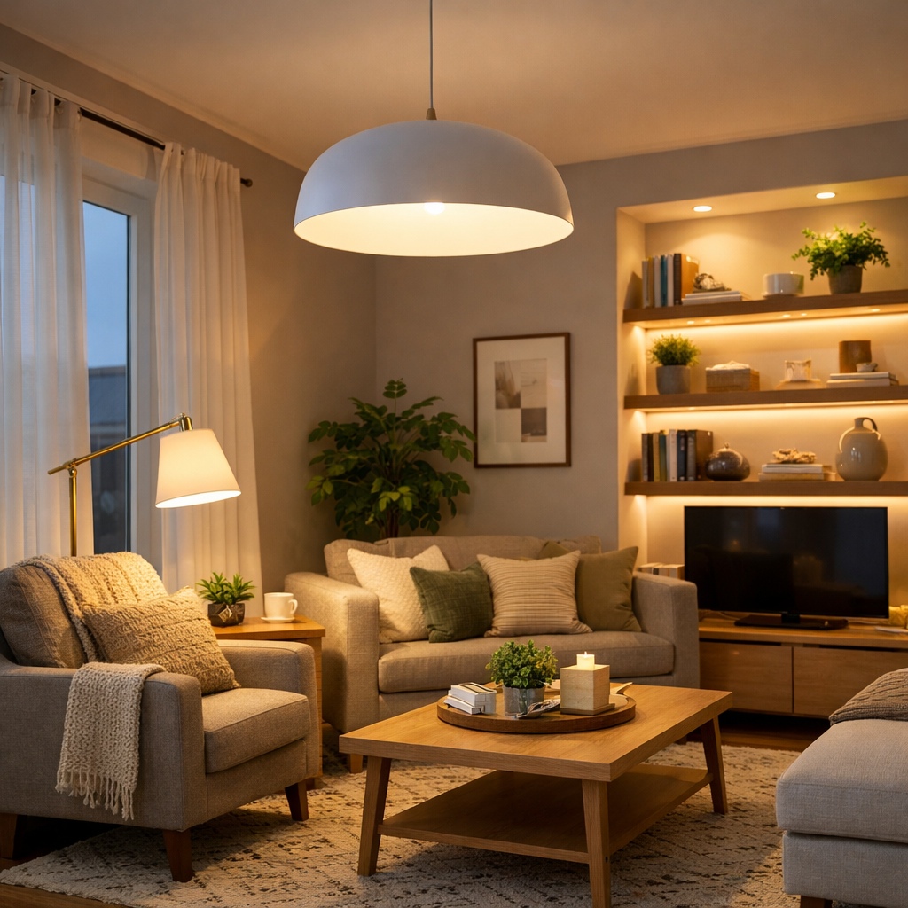 Bright modern living room showing layered lighting with a central pendant light for ambient lighting, a floor lamp beside an armchair for task lighting, and illuminated LED shelf lights creating warm accent lighting in a welcoming, well balanced space.