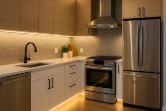 LED strip lighting in kitchen installed under cabinets and along the plinth for warm ambient illumination