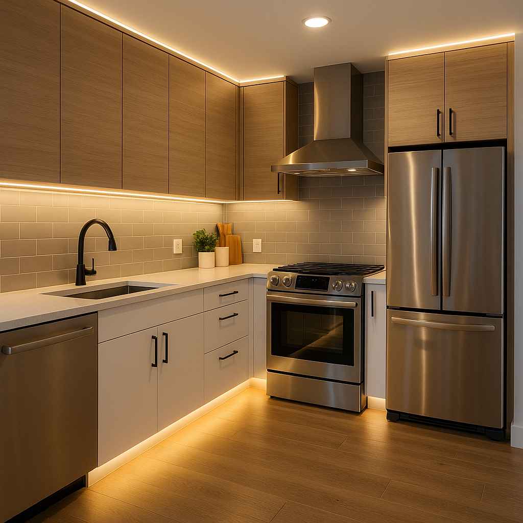 LED strip lighting in kitchen installed under cabinets and along the plinth for warm ambient illumination