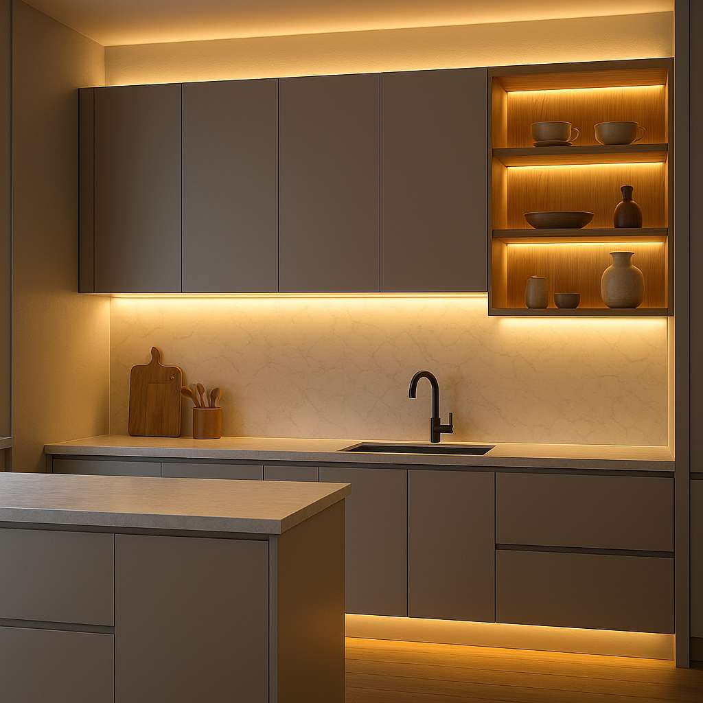 LED strip lighting in kitchens illuminating modern cabinets and worktops with warm under cabinet lighting.