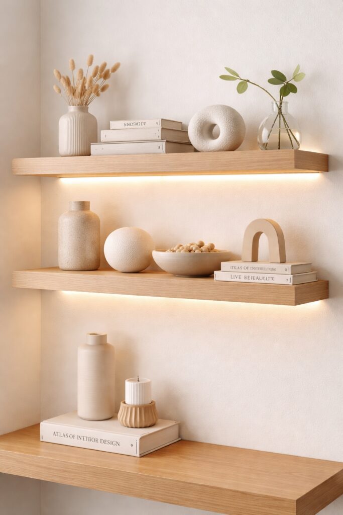 Light wood floating shelves on a white wall with warm integrated linear lighting beneath, illuminating minimalist decor in a bright Scandi modern interior.