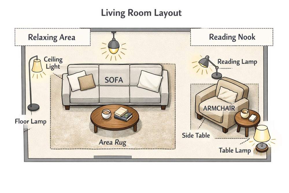 Room Light Map Cosy Living Room Lighting Ideas: Warm Layers & Soft Shadows