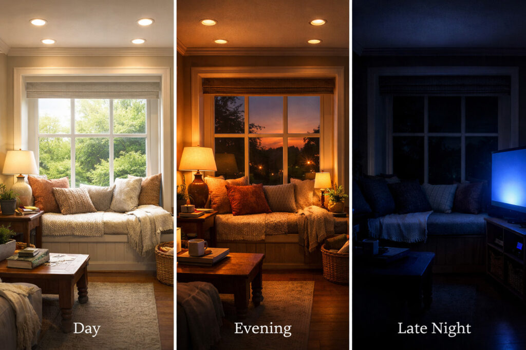 Three panel image of the same living room window seat showing lighting changes from bright daytime natural light, to warm evening lamp lighting, to a very dim late night scene illuminated mainly by a TV glow.