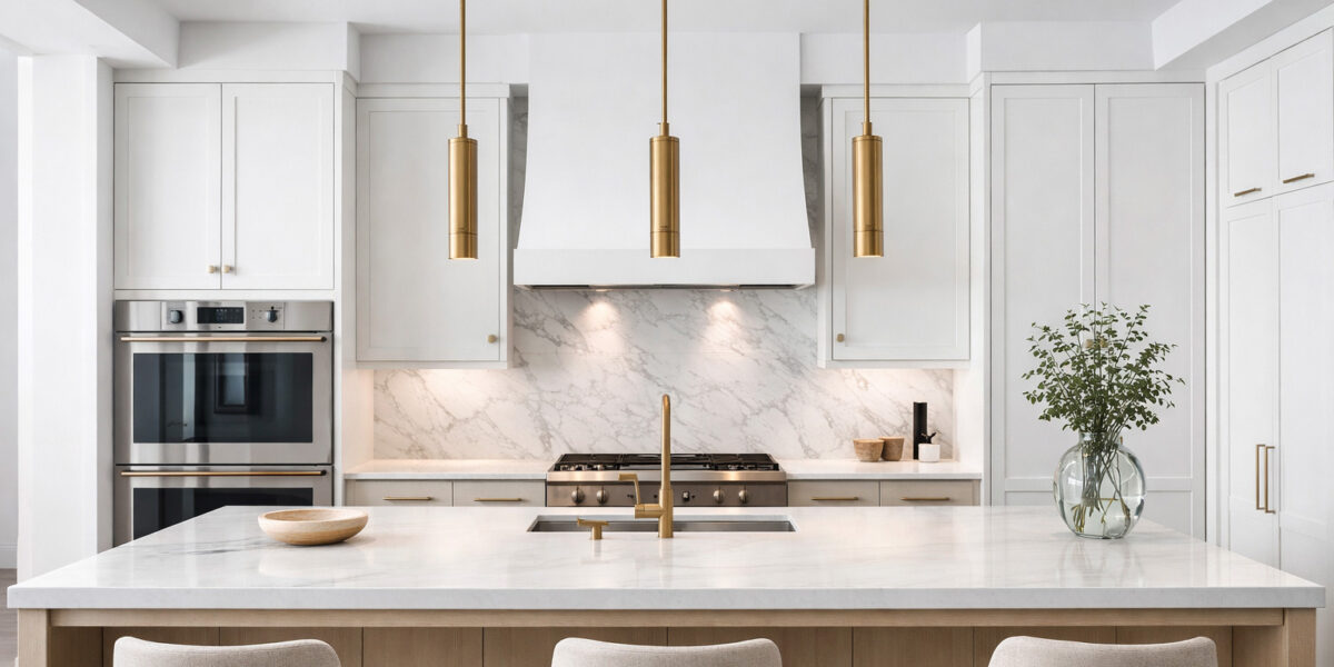 Symmetrical luxury modern kitchen with a white quartz island and three slim brushed brass cylinder pendant lights hanging evenly above in bright natural light