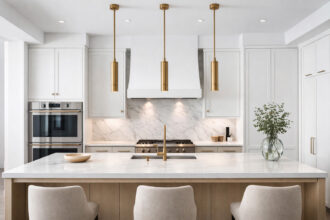 Symmetrical luxury modern kitchen with a white quartz island and three slim brushed brass cylinder pendant lights hanging evenly above in bright natural light
