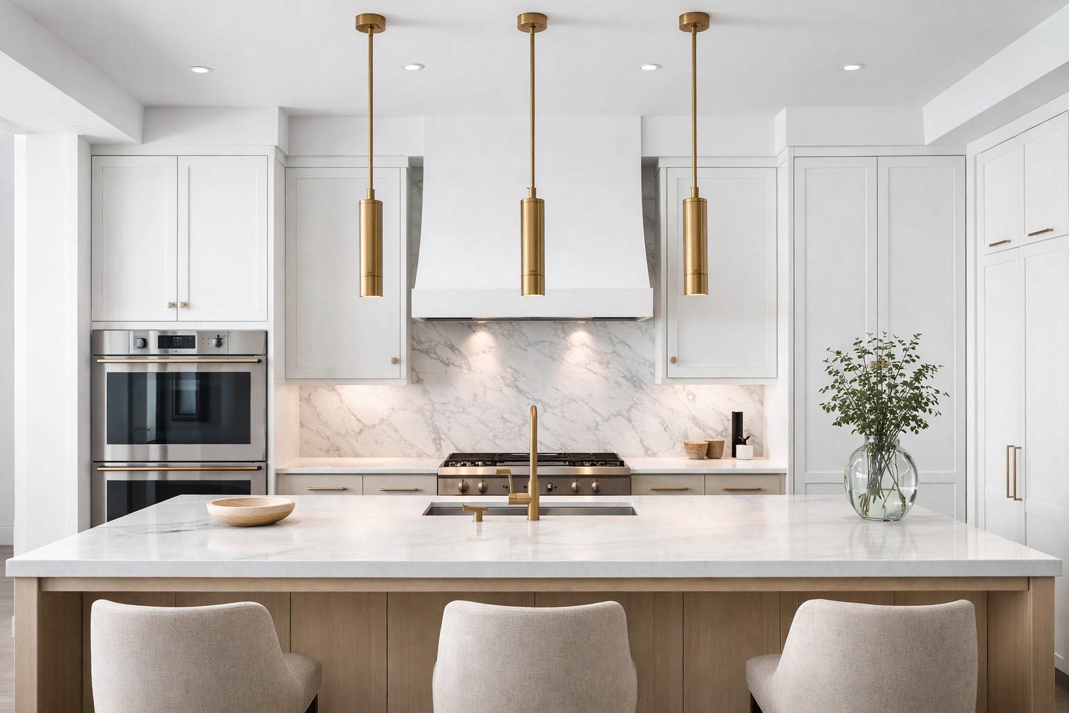 Symmetrical luxury modern kitchen with a white quartz island and three slim brushed brass cylinder pendant lights hanging evenly above in bright natural light