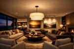 Grand open plan living room at twilight with zoned ceiling lighting ideas for living rooms, featuring a statement pendant over a coffee table and track lights highlighting wall art for a balanced, luxurious interior.