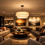 Grand open plan living room at twilight with zoned ceiling lighting ideas for living rooms, featuring a statement pendant over a coffee table and track lights highlighting wall art for a balanced, luxurious interior.