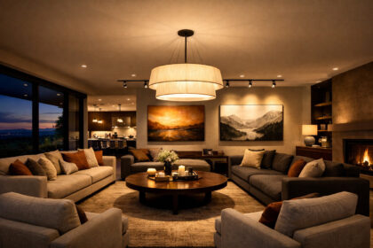 Grand open plan living room at twilight with zoned ceiling lighting ideas for living rooms, featuring a statement pendant over a coffee table and track lights highlighting wall art for a balanced, luxurious interior.