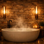 Luxurious spa style bathroom in the evening with warm 2700K light from twin vertical brass wall sconces on a textured stone wall beside a freestanding soaking tub, gentle steam rising and a cozy inviting atmosphere.