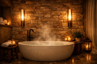 Luxurious spa style bathroom in the evening with warm 2700K light from twin vertical brass wall sconces on a textured stone wall beside a freestanding soaking tub, gentle steam rising and a cozy inviting atmosphere.