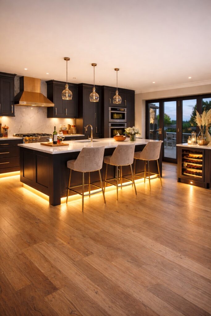 High end UK kitchen at twilight with ceiling lights off, softly illuminated by warm plinth lighting under dark cabinetry for a bright, elegant showhome feel