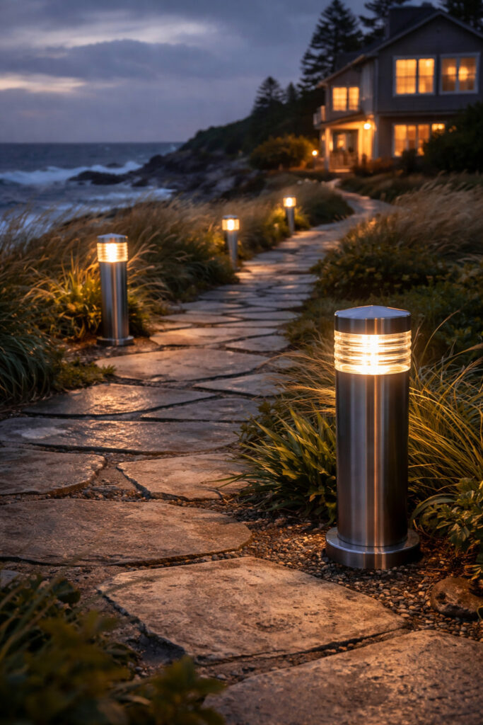 Marine-grade stainless steel bollard lights illuminating a winding stone pathway toward a coastal house at dusk, designed to withstand wind and harsh coastal conditions