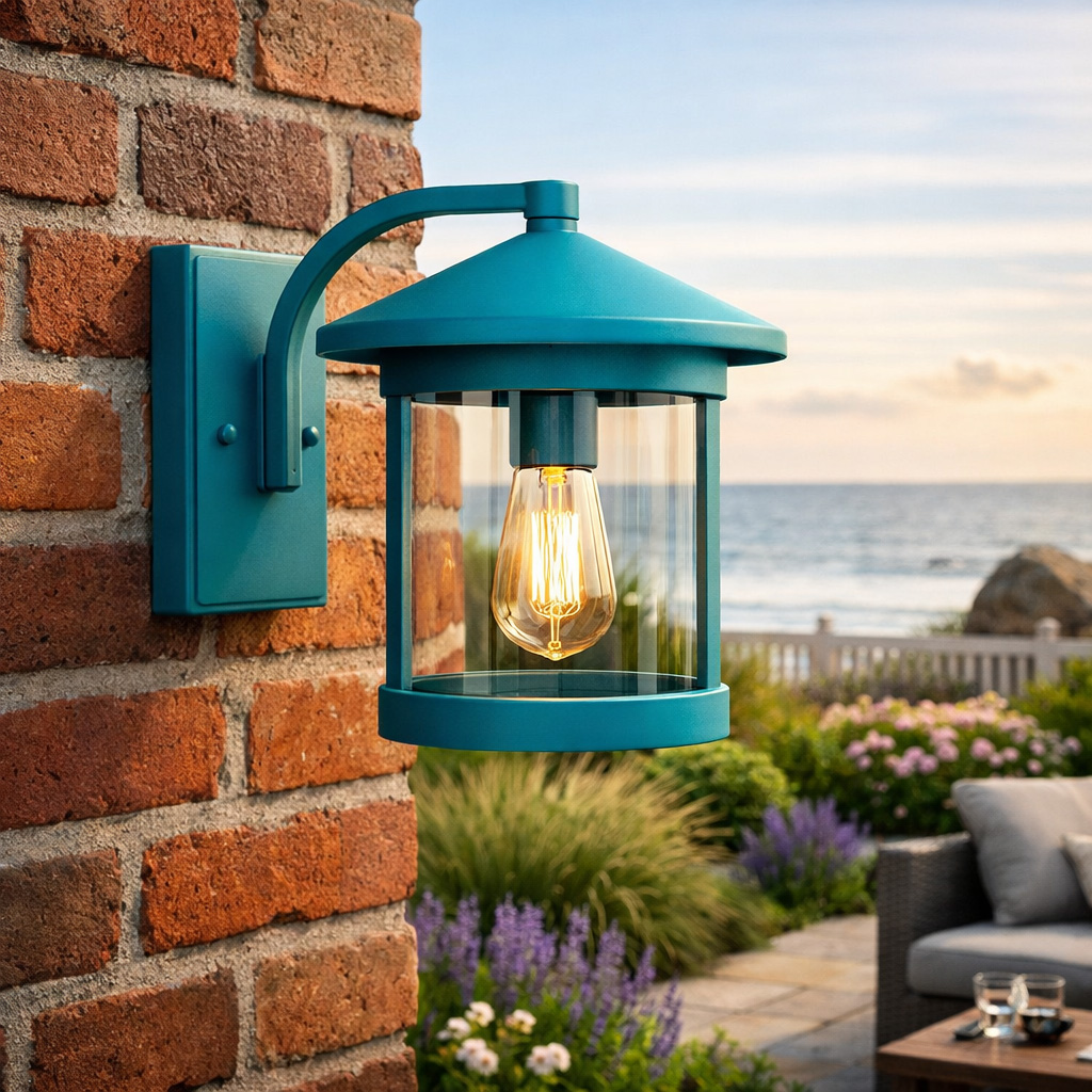 Contemporary matte powder coated aluminium outdoor lantern mounted on a brick wall, finished in dark grey with a seaside garden and ocean backdrop.