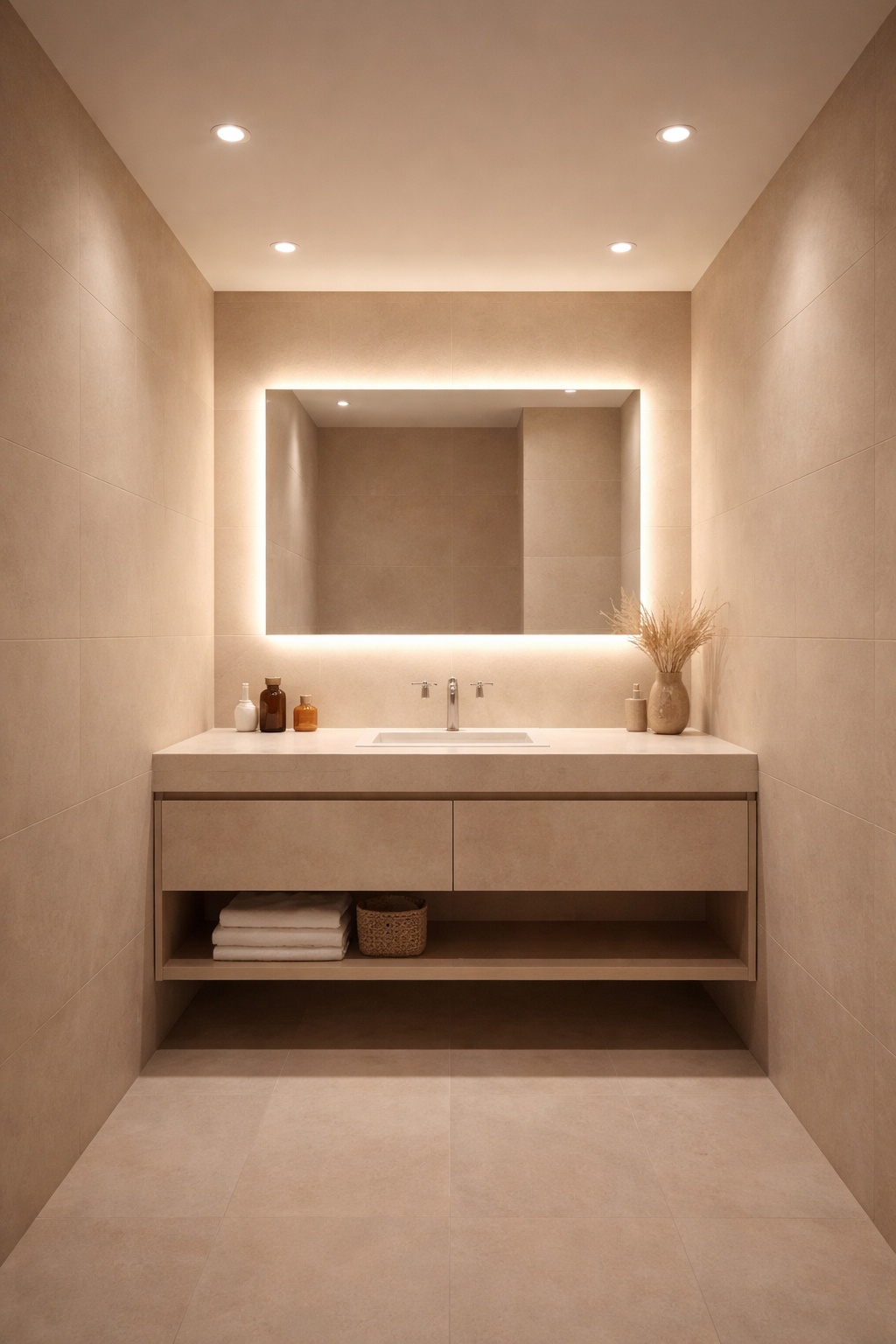 Minimalist bathroom with four recessed downlights positioned near the walls and a warm white backlit mirror providing soft, cosy task lighting at the vanity.