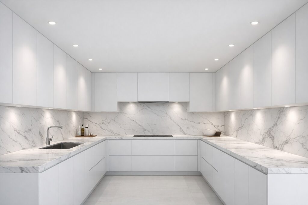 Ultra-modern minimalist white galley kitchen with marble worktops and a clean ceiling showing two sparse parallel rows of recessed downlights positioned above the countertop edges, leaving the central walkway unlit.