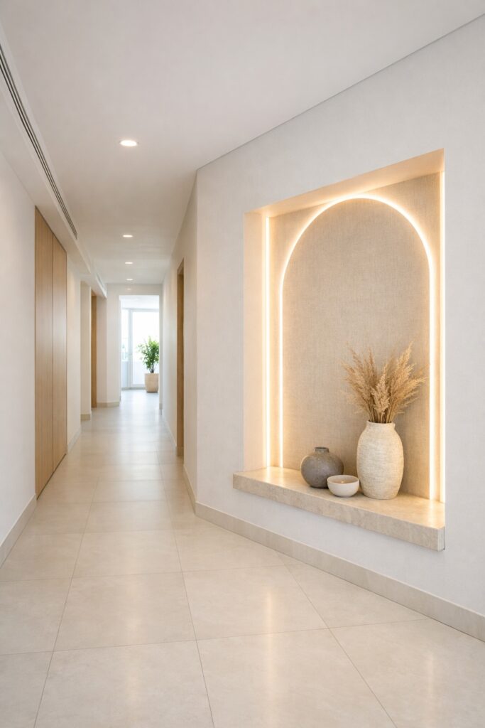 Modern architectural corridor with a recessed wall niche softly outlined by concealed vertical LED strip lighting, light tiled floor, and an airy contemporary interior.