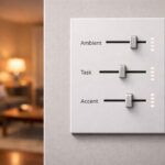 Featured image for living room lighting layout. Close-up of a modern dimmer switch panel with three sliders labeled Ambient, Task, and Accent on a wall, with a softly lit living room blurred in the background.