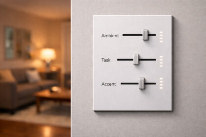 Featured image for living room lighting layout. Close-up of a modern dimmer switch panel with three sliders labeled Ambient, Task, and Accent on a wall, with a softly lit living room blurred in the background.