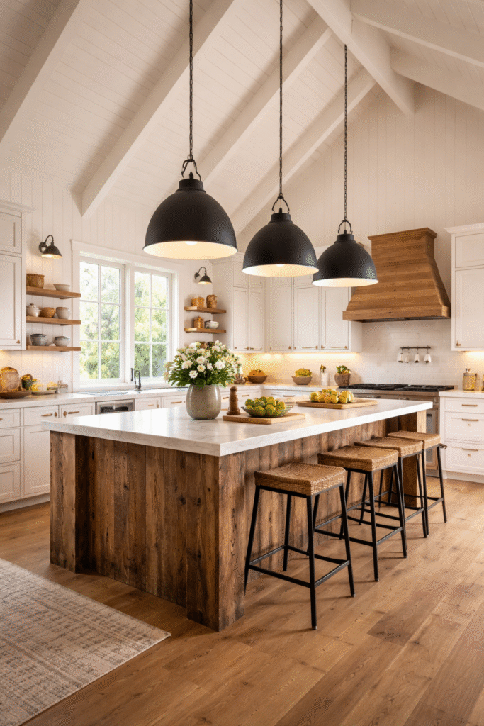 modern farmhouse kitchen with a reclaimed wood island, three matte black dome pendant lights, vaulted white beam ceiling, natural sunlight, and warm LED under cabinet lighting.