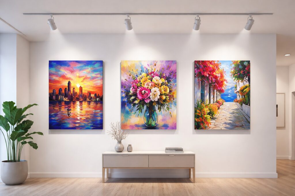 Modern gallery style interior with white walls and ceiling track spotlights angled at 30 degrees, illuminating three colorful canvas paintings with bright, reflection-free museum lighting.