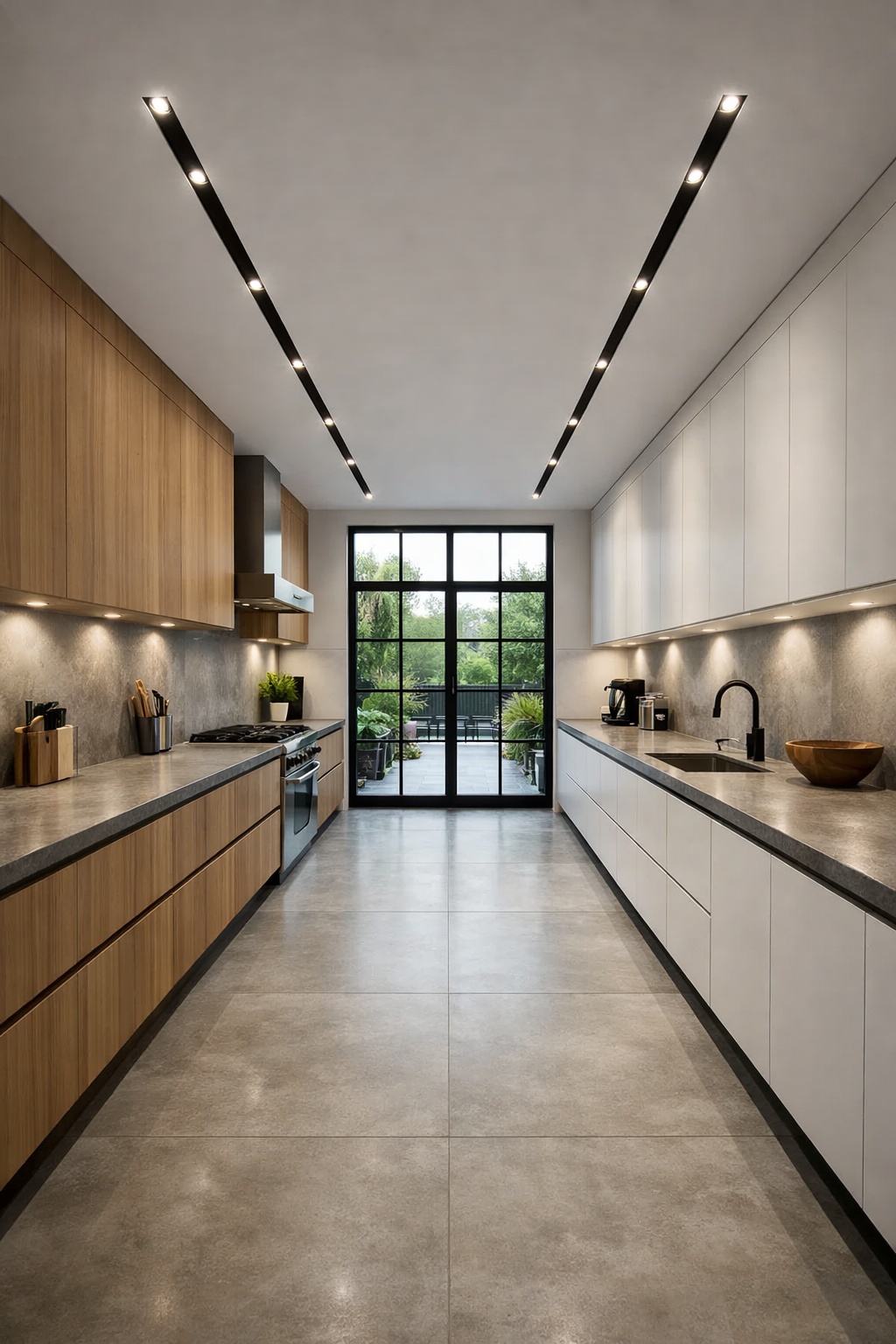 Wide view down a modern galley kitchen with two parallel rows of widely spaced recessed ceiling lights above the cabinets, leading the eye towards a large crittall style window at the far end, with grey stone worktops and large format concrete floor tiles creating a clean, spacious feel.
