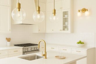 modern kitchen lighting ideas featuring bright white cabinetry, brass pendant lights and a minimalist island layout