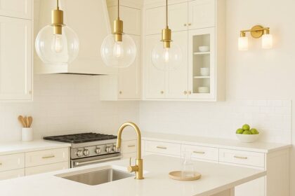 modern kitchen lighting ideas featuring bright white cabinetry, brass pendant lights and a minimalist island layout