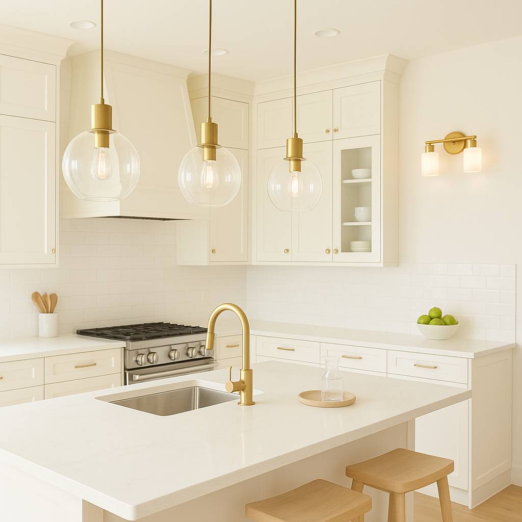 modern kitchen lighting ideas featuring bright white cabinetry, brass pendant lights and a minimalist island layout