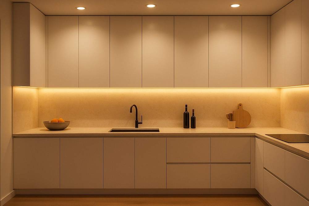Handleless white kitchen with slim recessed downlights and a warm LED strip under the wall units lighting a stone splashback