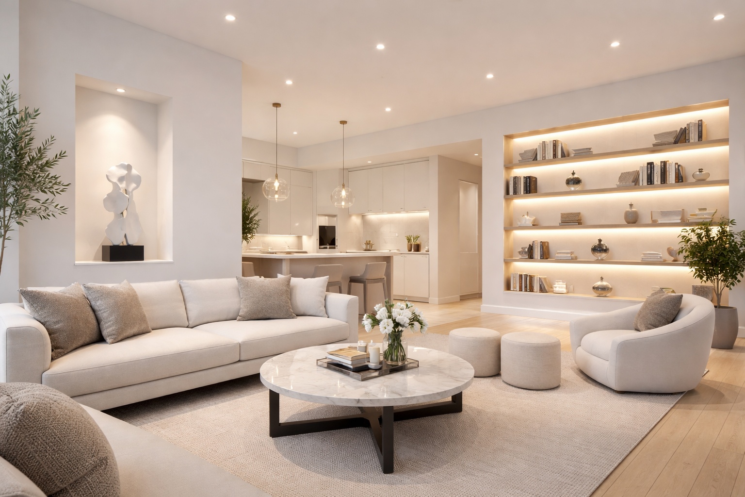 Modern open-plan interior with white walls showcasing layered lighting, including recessed spotlights and accent lighting for art shelves and alcoves, with warm linear LEDs washing a built-in bookcase and a bright, high-end atmosphere created by natural and ambient light.
