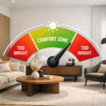 Modern living room interior with a semi-transparent brightness meter overlay showing the comfort zone, illustrating how bright a living room should be for balanced, comfortable lighting.